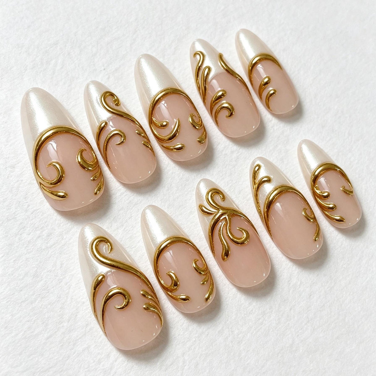 Pearl French Tip Press On Nails With Raised Gold Scrollwork