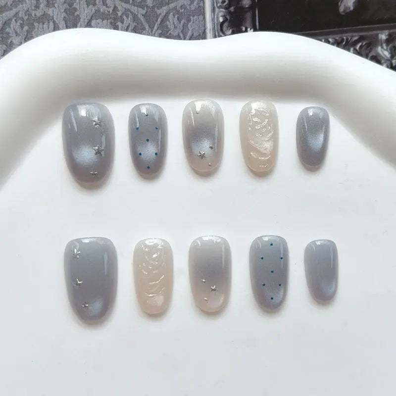 Pearl Gray Cat Eye Press On Nails With Star Accents and Polka Dots