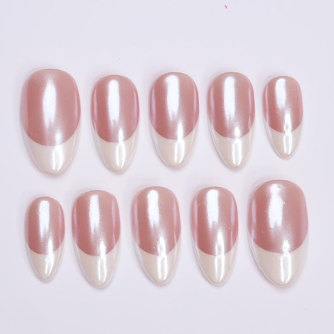 Pearl Rose Pink Press-On Nails With White French Tips