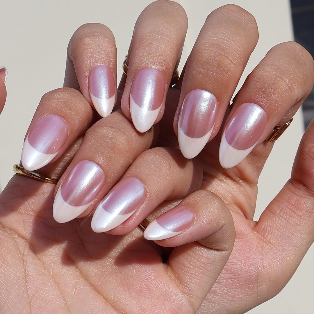 Pearl Rose Pink Press-On Nails With White French Tips