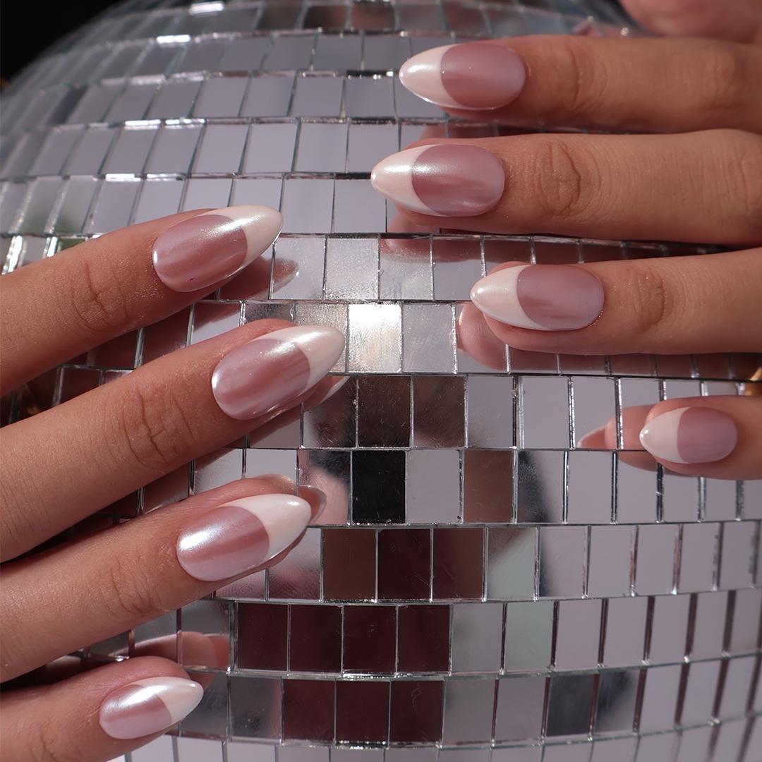 Pearl Rose Pink Press-On Nails With White French Tips