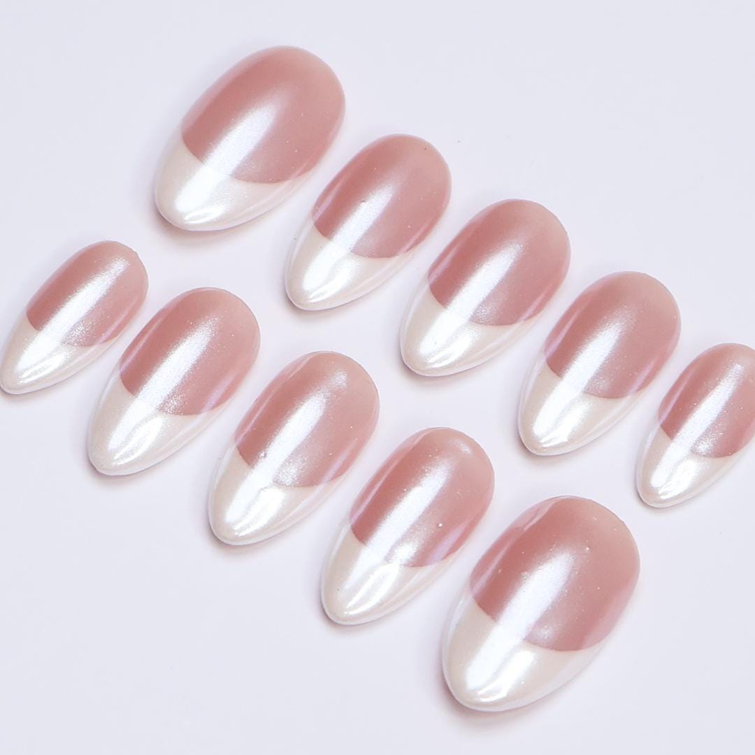 Pearl Rose Pink Press-On Nails With White French Tips