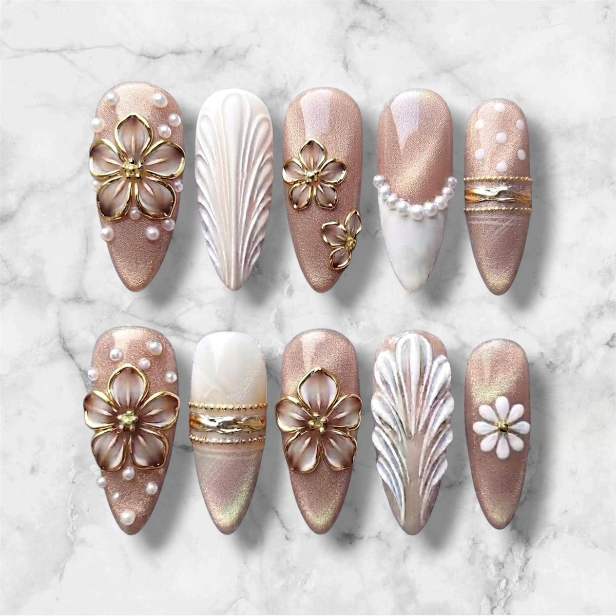 Pearl Seashell Bridal Nails in Rose Gold Nude with 3D Floral Details