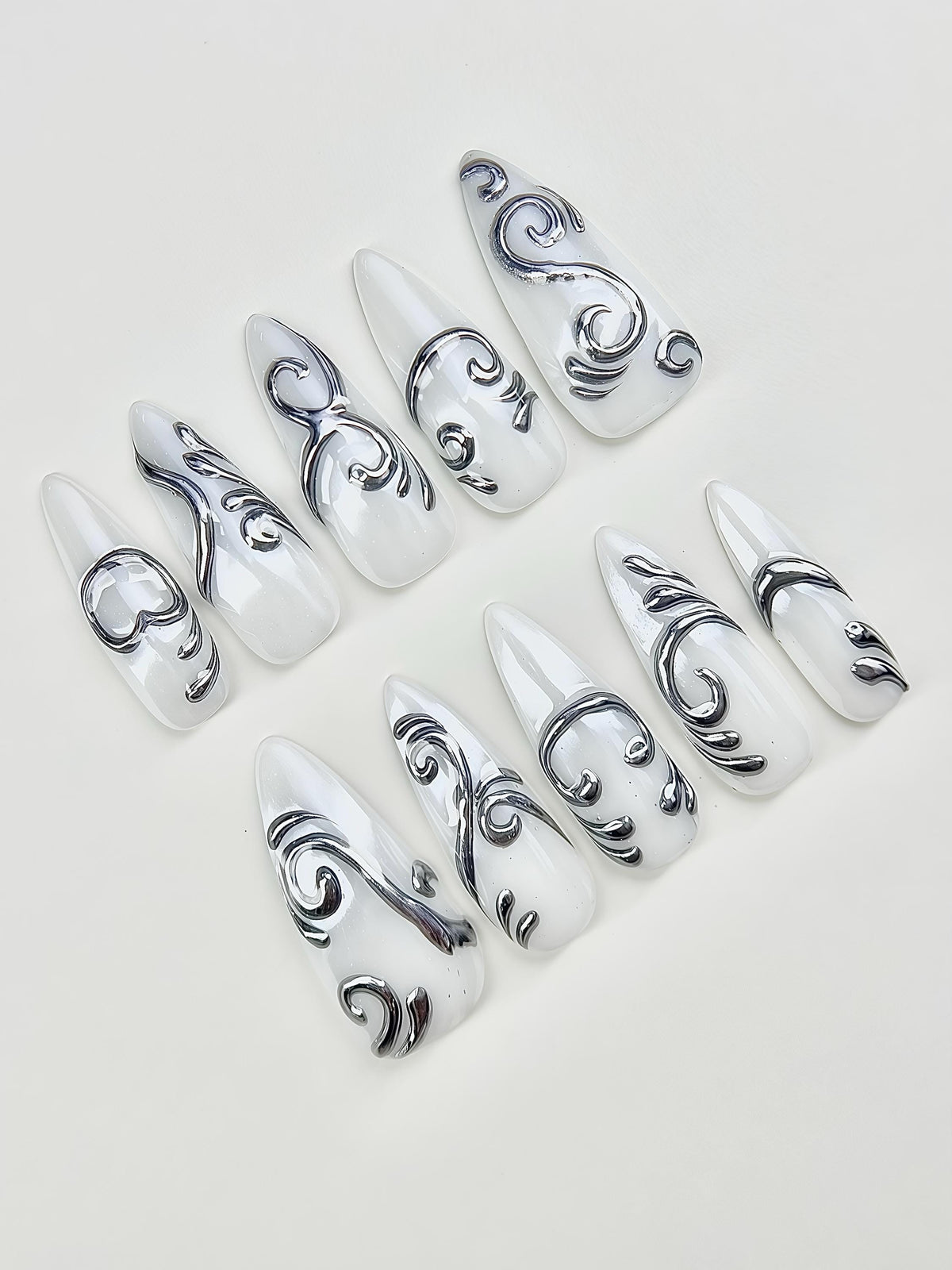 Pearl White Sculpted Silver Chrome Swirl Nail Set