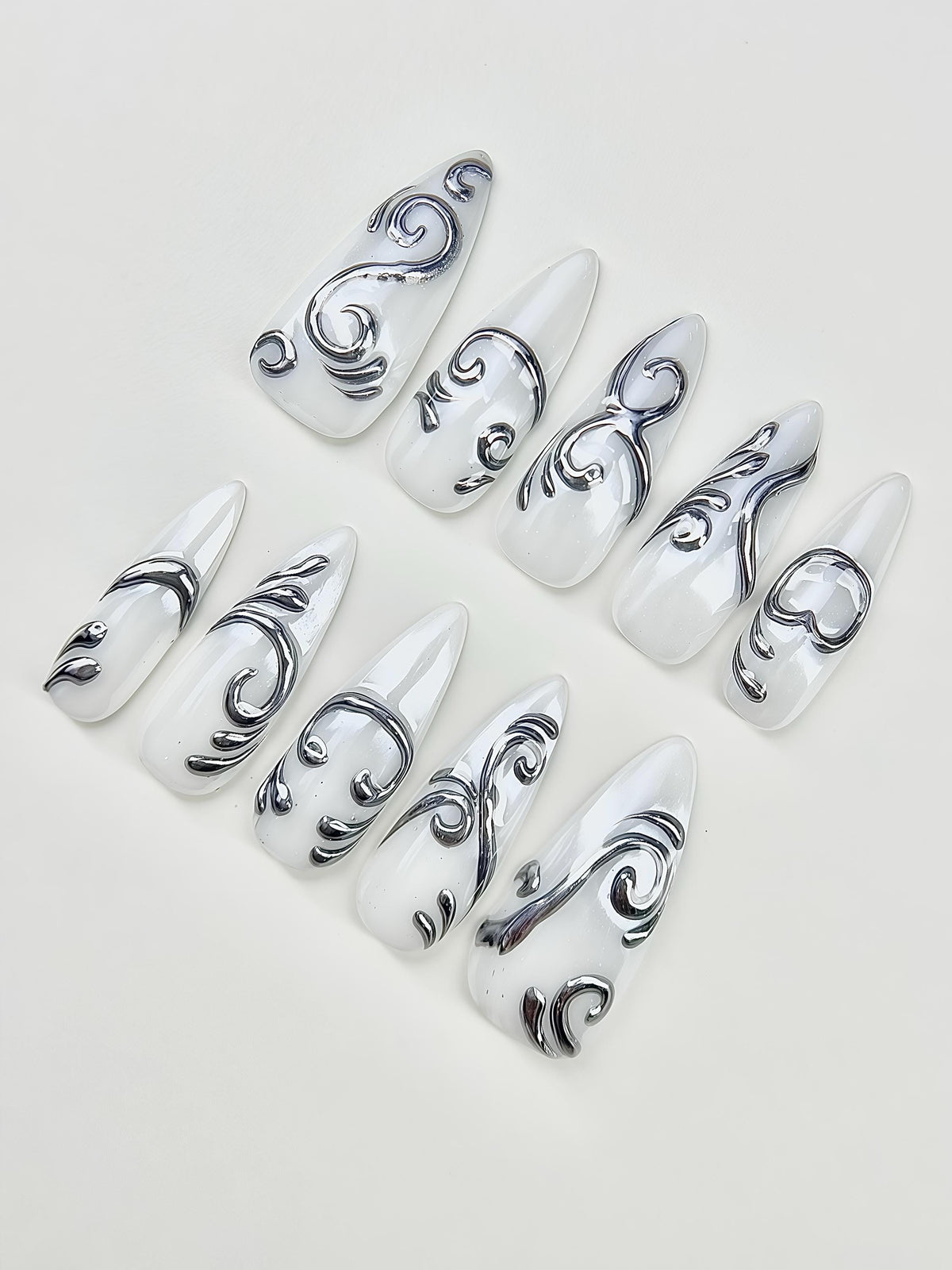 Pearl White Sculpted Silver Chrome Swirl Nail Set