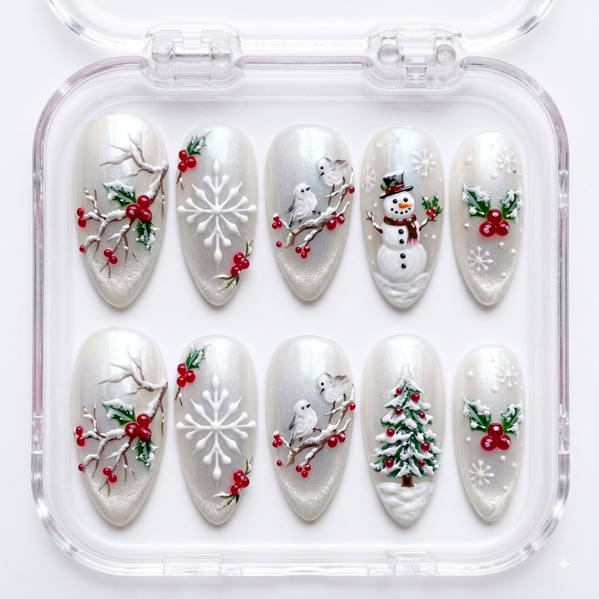 Pearl White Winter Holly Berry, Snowflake, Snowman and Christmas Tree Nail Set