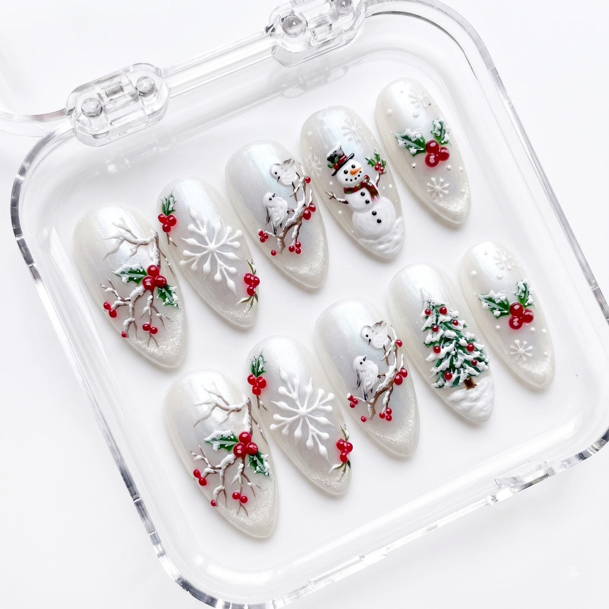 Pearl White Winter Holly Berry, Snowflake, Snowman and Christmas Tree Nail Set