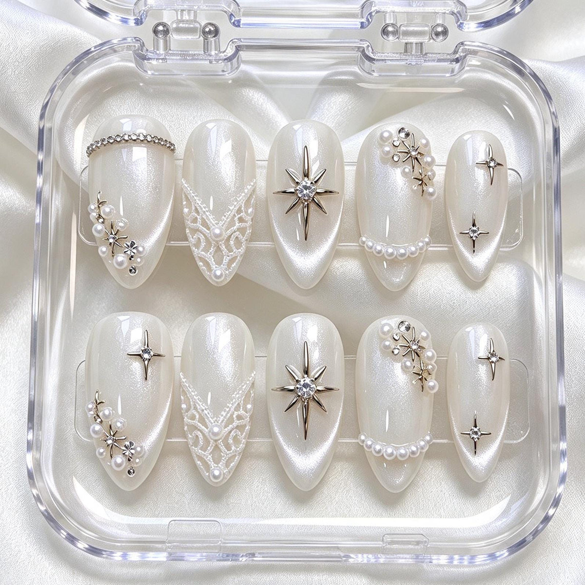 Pearlescent Ivory Bridal Nails with Lace Details, Pearls and Silver Celestial Stars