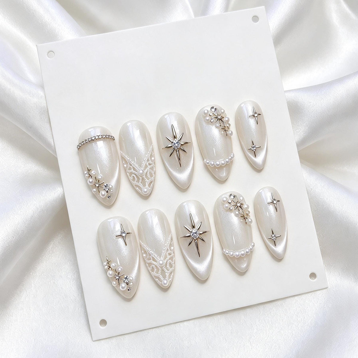 Pearlescent Ivory Bridal Nails with Lace Details, Pearls and Silver Celestial Stars