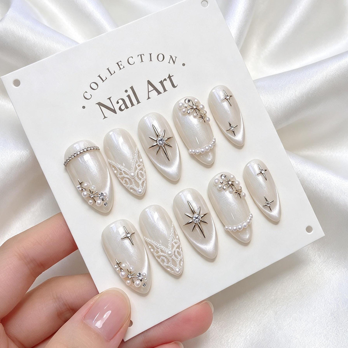 Pearlescent Ivory Bridal Nails with Lace Details, Pearls and Silver Celestial Stars