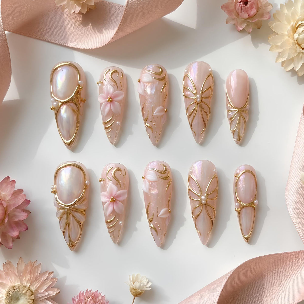 Pearlescent Pink Press On Nails with Gold Florals, Bow Details and Pearls