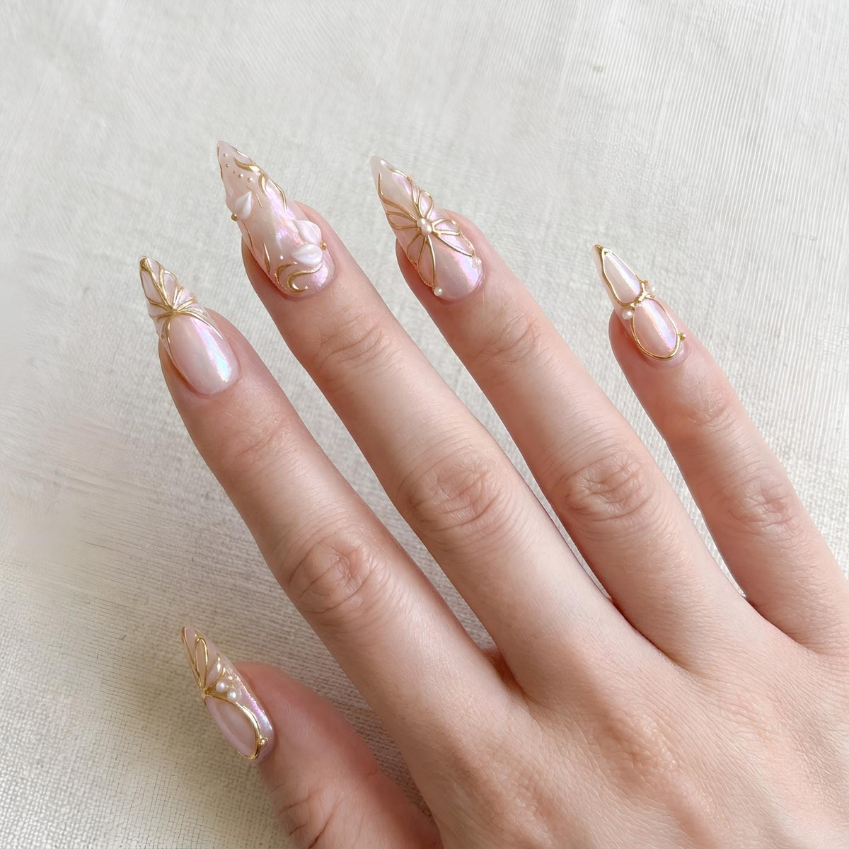 Pearlescent Pink Press On Nails with Gold Florals, Bow Details and Pearls