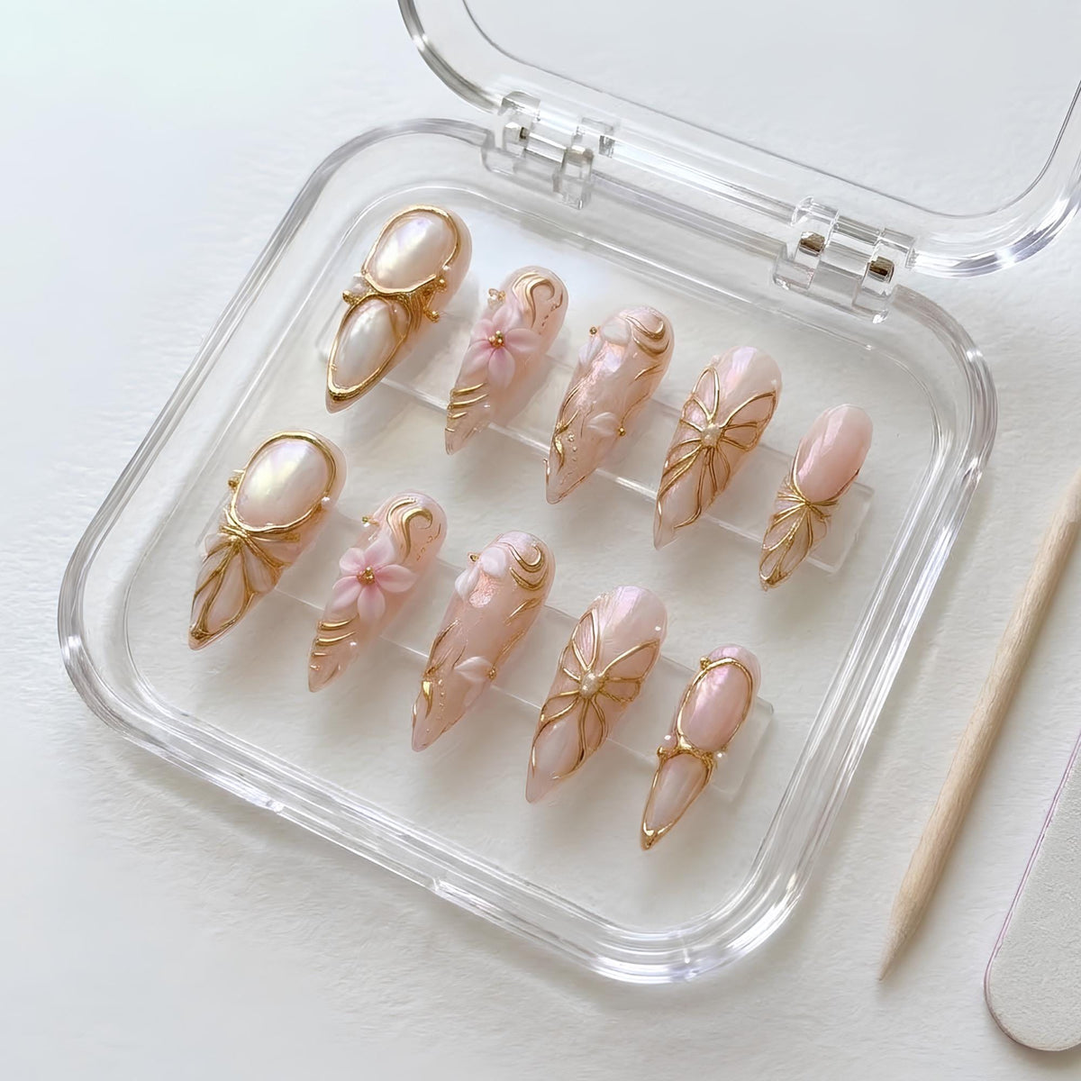 Pearlescent Pink Press On Nails with Gold Florals, Bow Details and Pearls