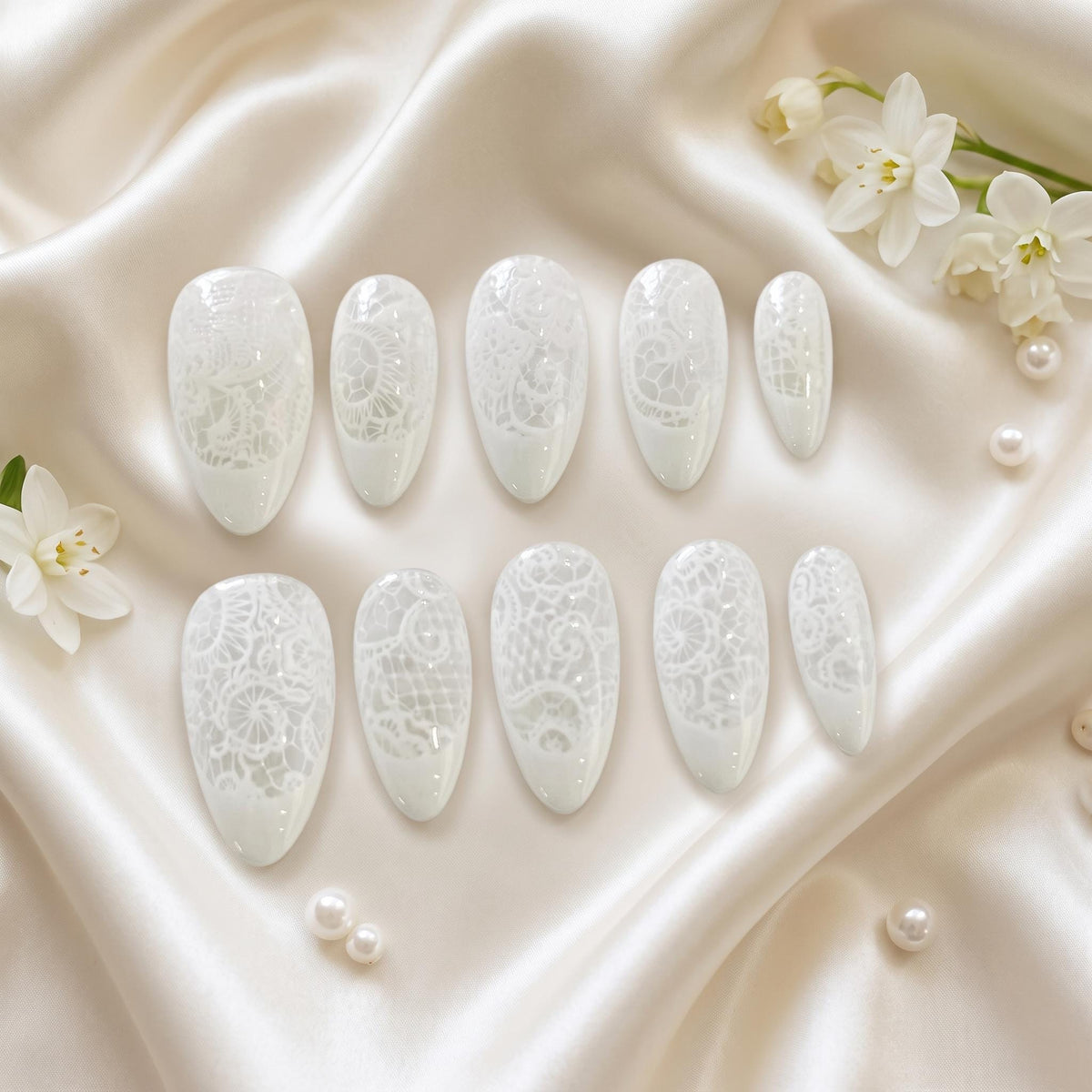Pearlescent White Lace and Floral Wedding Press On Nails