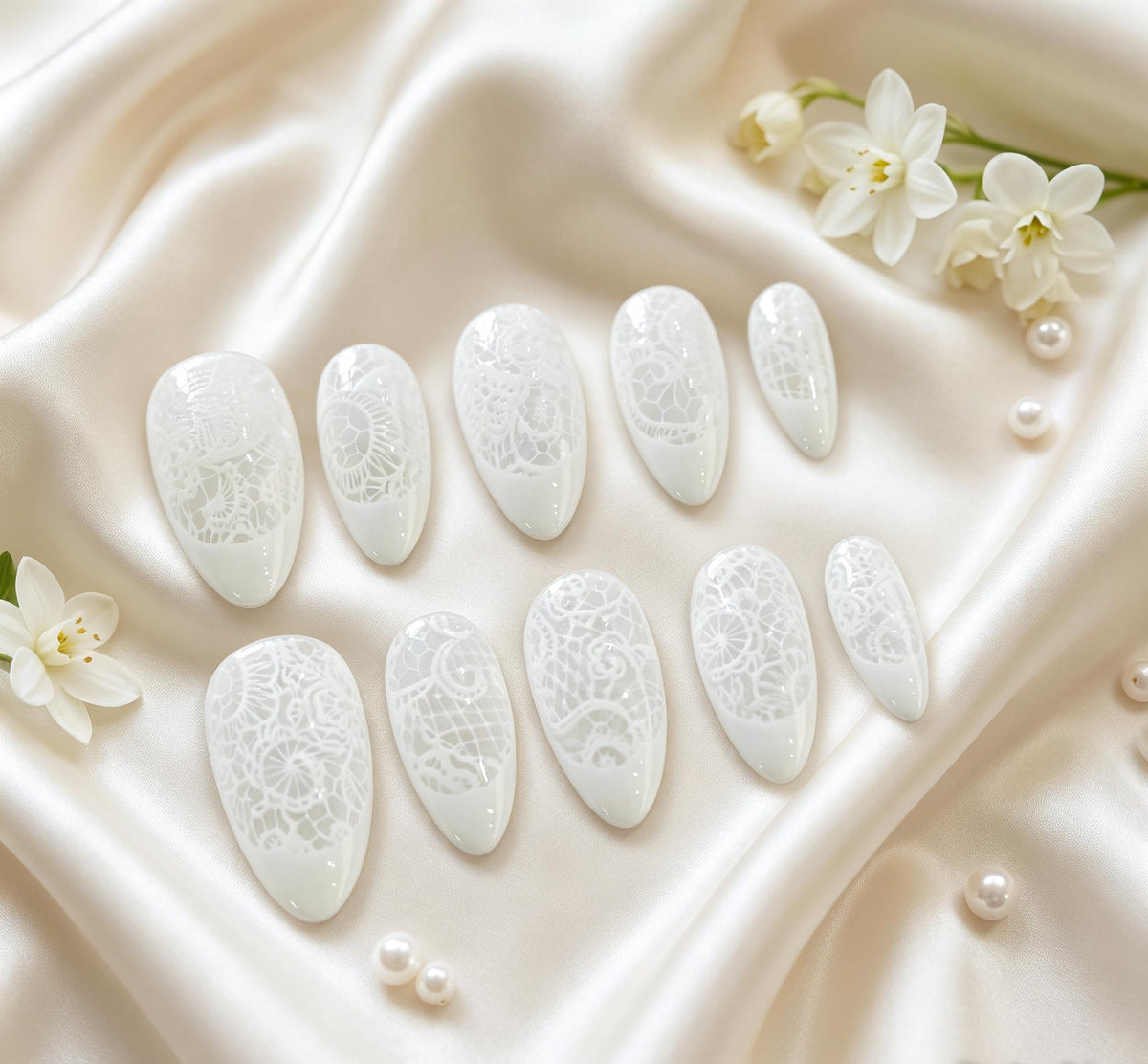 Pearlescent White Lace and Floral Wedding Press On Nails