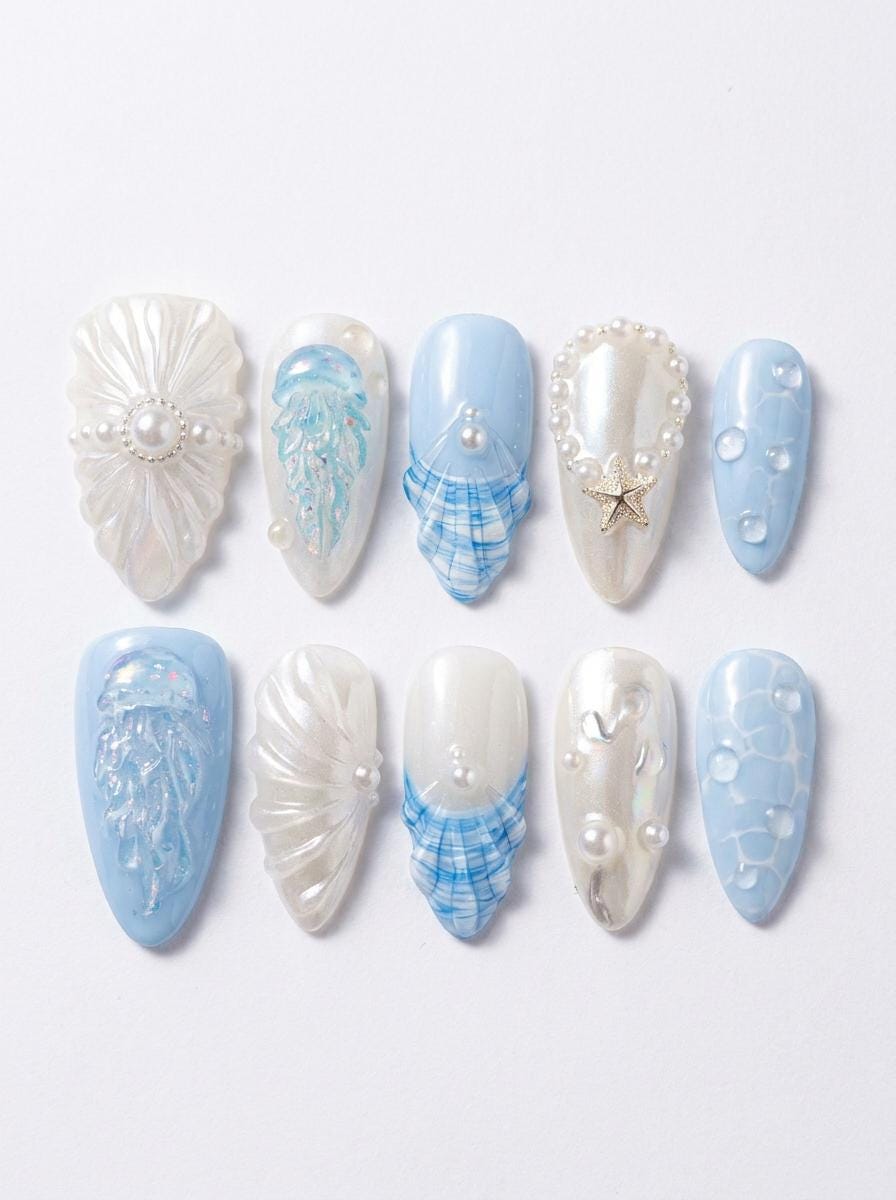 Pearly Blue Jellyfish and Shell Press-On Nails for Summer Vacation
