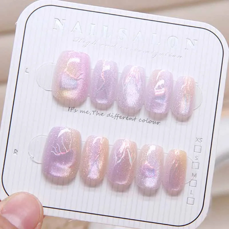 Pearly Lavender Pink Cat Eye Press On Nails with Flowing Jellyfish-Inspired Line Art
