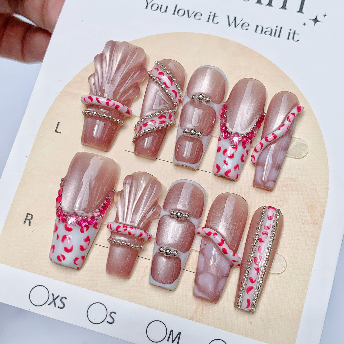 Pearly Rose Pink Seashell Press On Nails With Rhinestones and Silver-Tone Chains