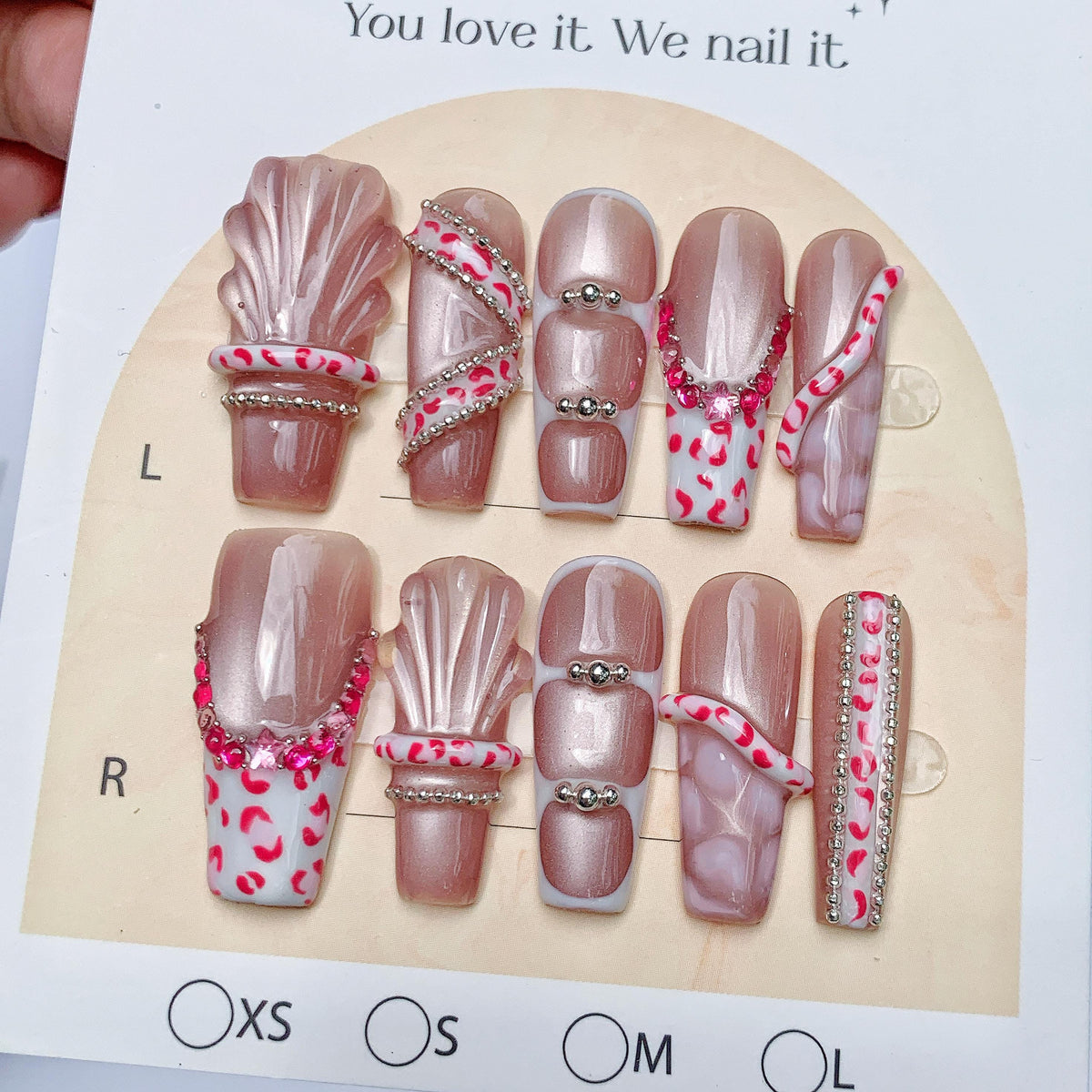 Pearly Rose Pink Seashell Press On Nails With Rhinestones and Silver-Tone Chains