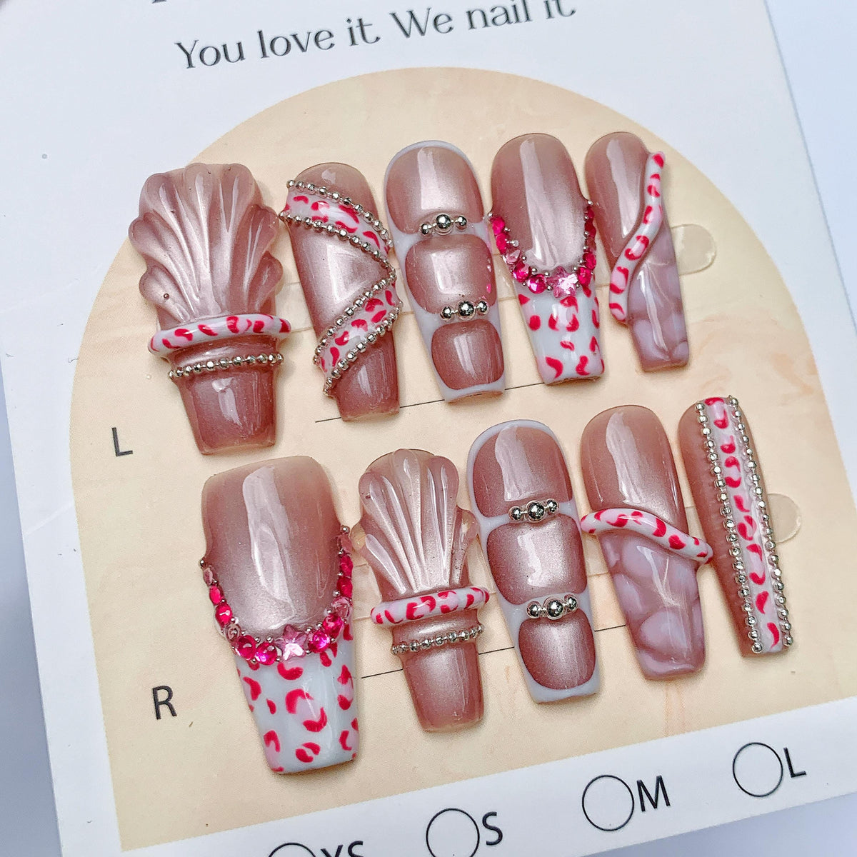 Pearly Rose Pink Seashell Press On Nails With Rhinestones and Silver-Tone Chains