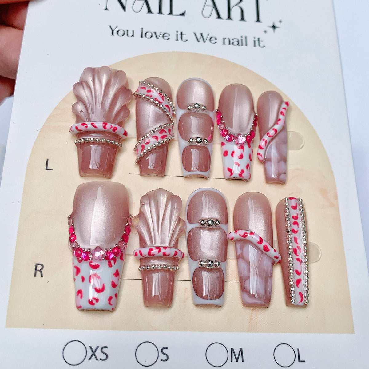 Pearly Rose Pink Seashell Press On Nails With Rhinestones and Silver-Tone Chains