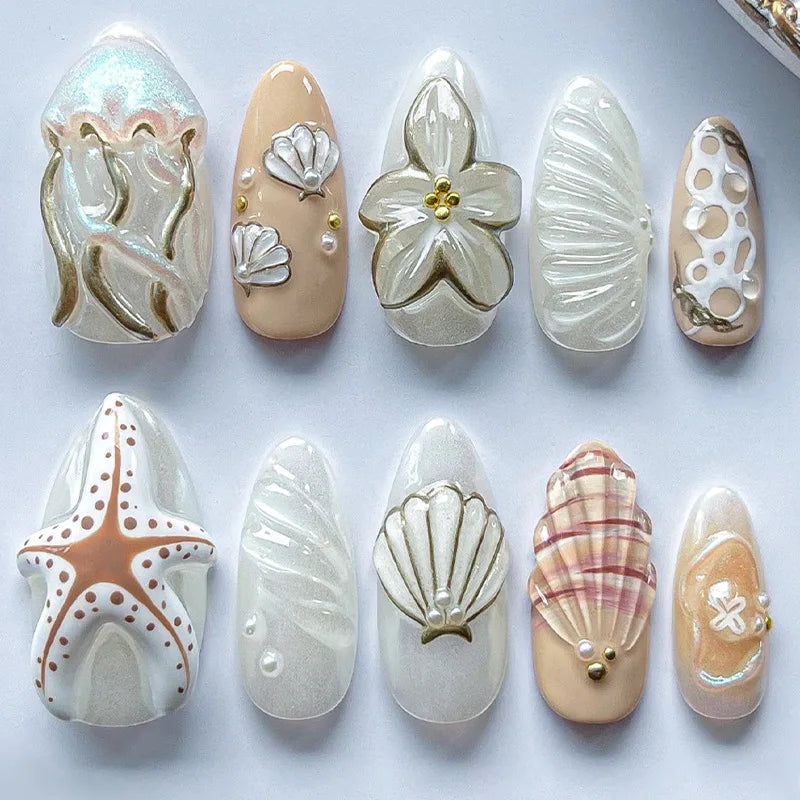 Pearly Seashell and Starfish Nail Set with 3D Floral and Plaid Details