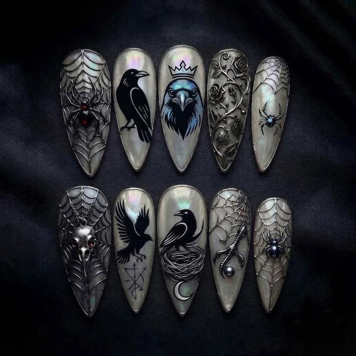Pearly Silver Raven, Spiderweb and Gothic Skull Press-On Nail Set