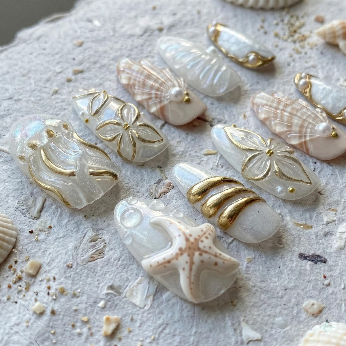 Pearly White Seashell and Starfish Press On Nails with Gold Details