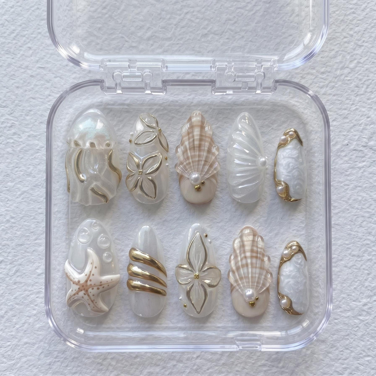 Pearly White Seashell and Starfish Press On Nails with Gold Details