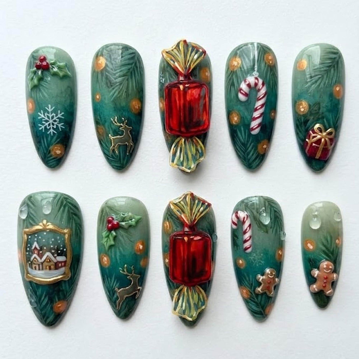 Pine Green Christmas Nails With Reindeer, Gingerbread, Candy Canes and Village Art