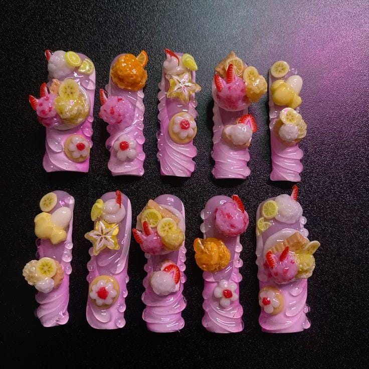 Pink 3D Fruit and Whipped Cream Press On Nails