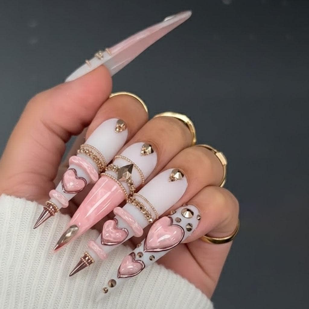 Pink 3D Heart Press-On Nails with Gold-Tone Details