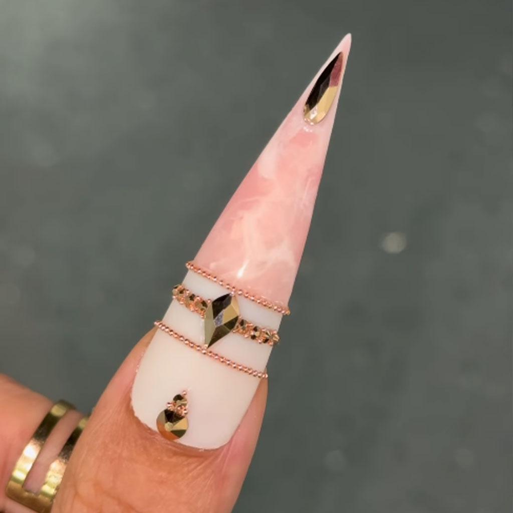 Pink 3D Heart Press-On Nails with Gold-Tone Details