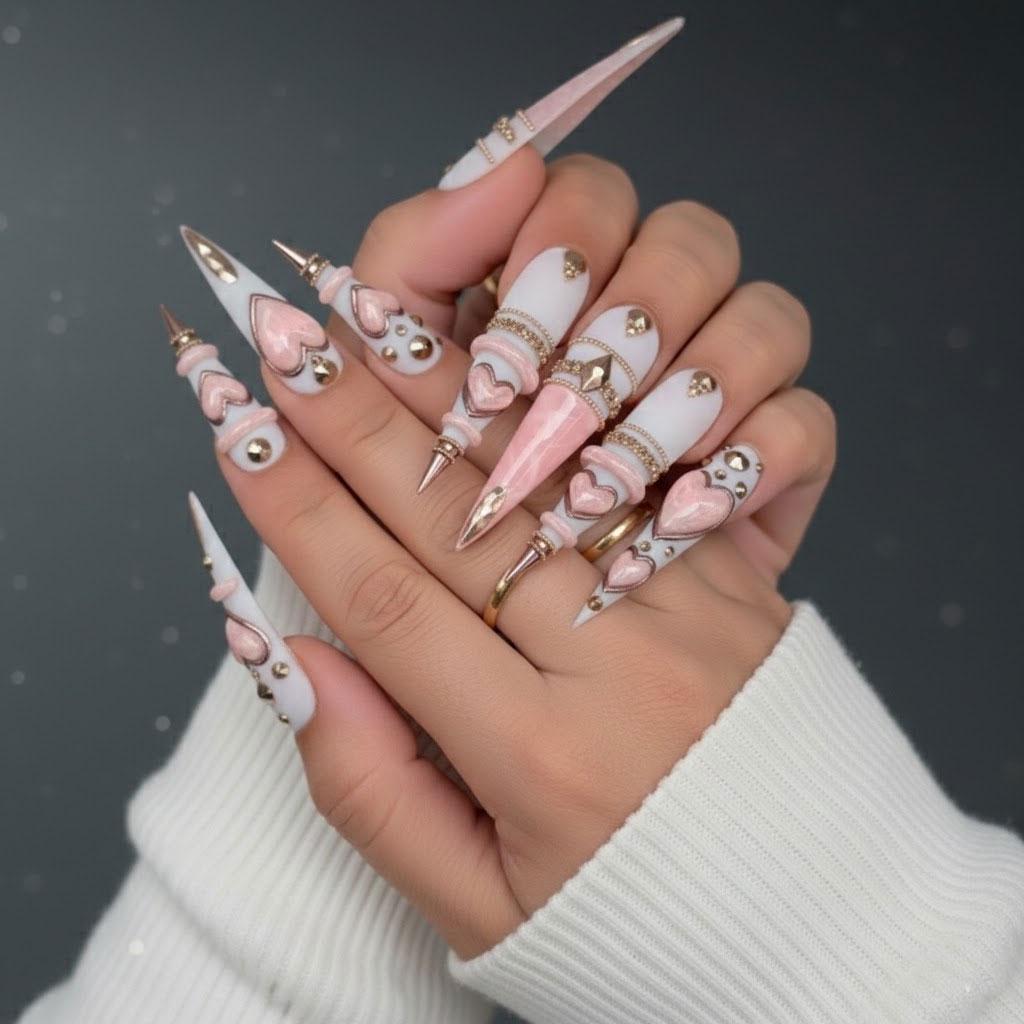 Pink 3D Heart Press-On Nails with Gold-Tone Details