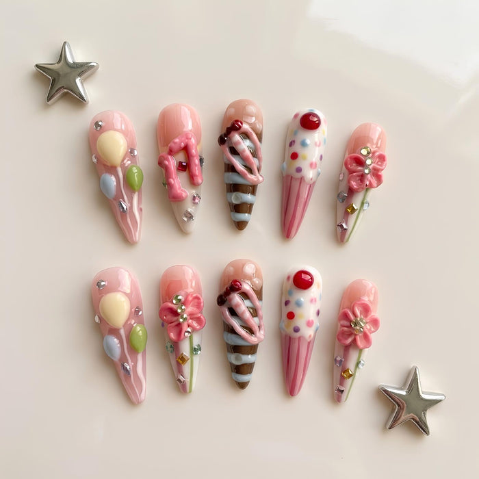 Pink 3D Ice Cream and Flower Birthday Press On Nails