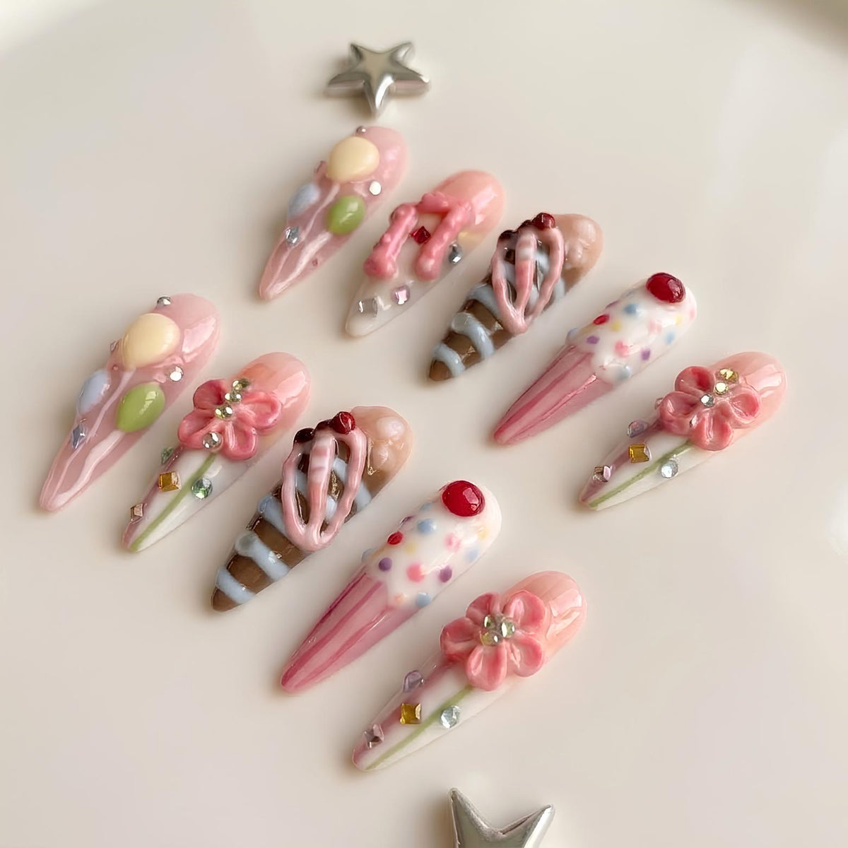 Pink 3D Ice Cream and Flower Birthday Press On Nails