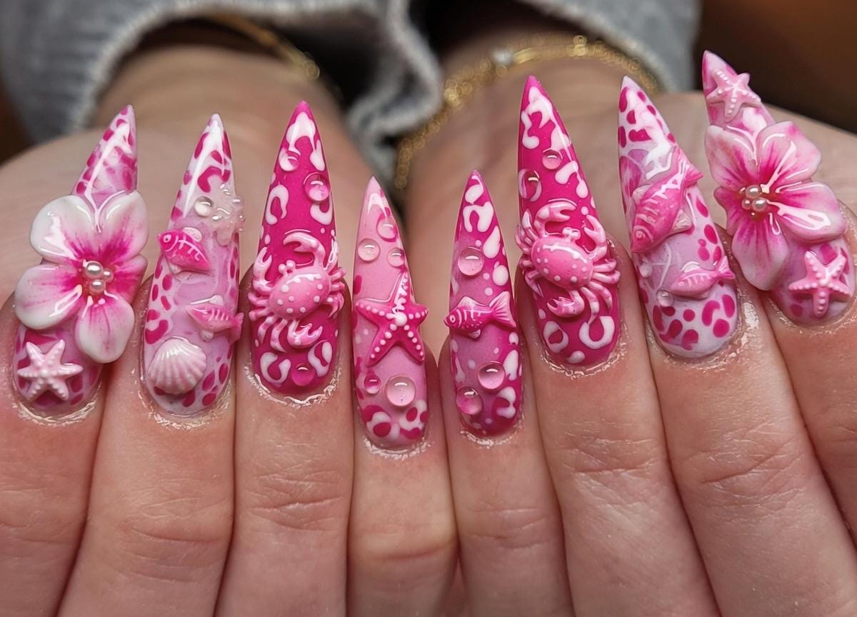Pink 3D Seashell and Starfish Press-On Nails with Tropical Flowers