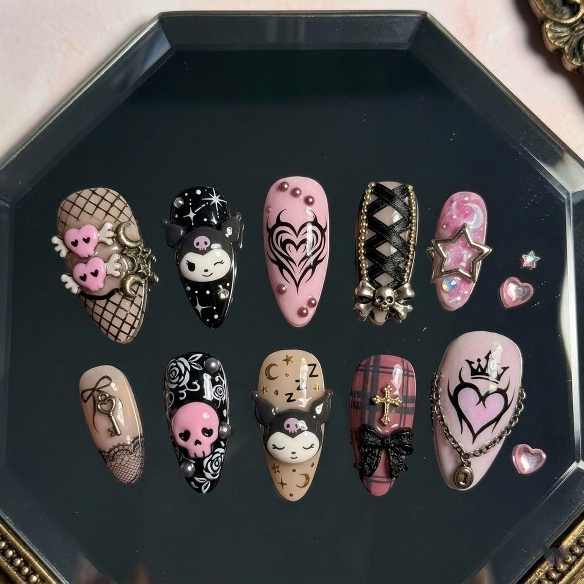 Pink and Black Gothic Heart, Skull, Bow and Plaid Press-On Nails