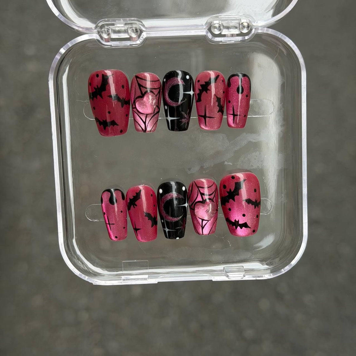 Pink and Black Halloween Bat Nails With Heart, Moon, and Spider Web Art