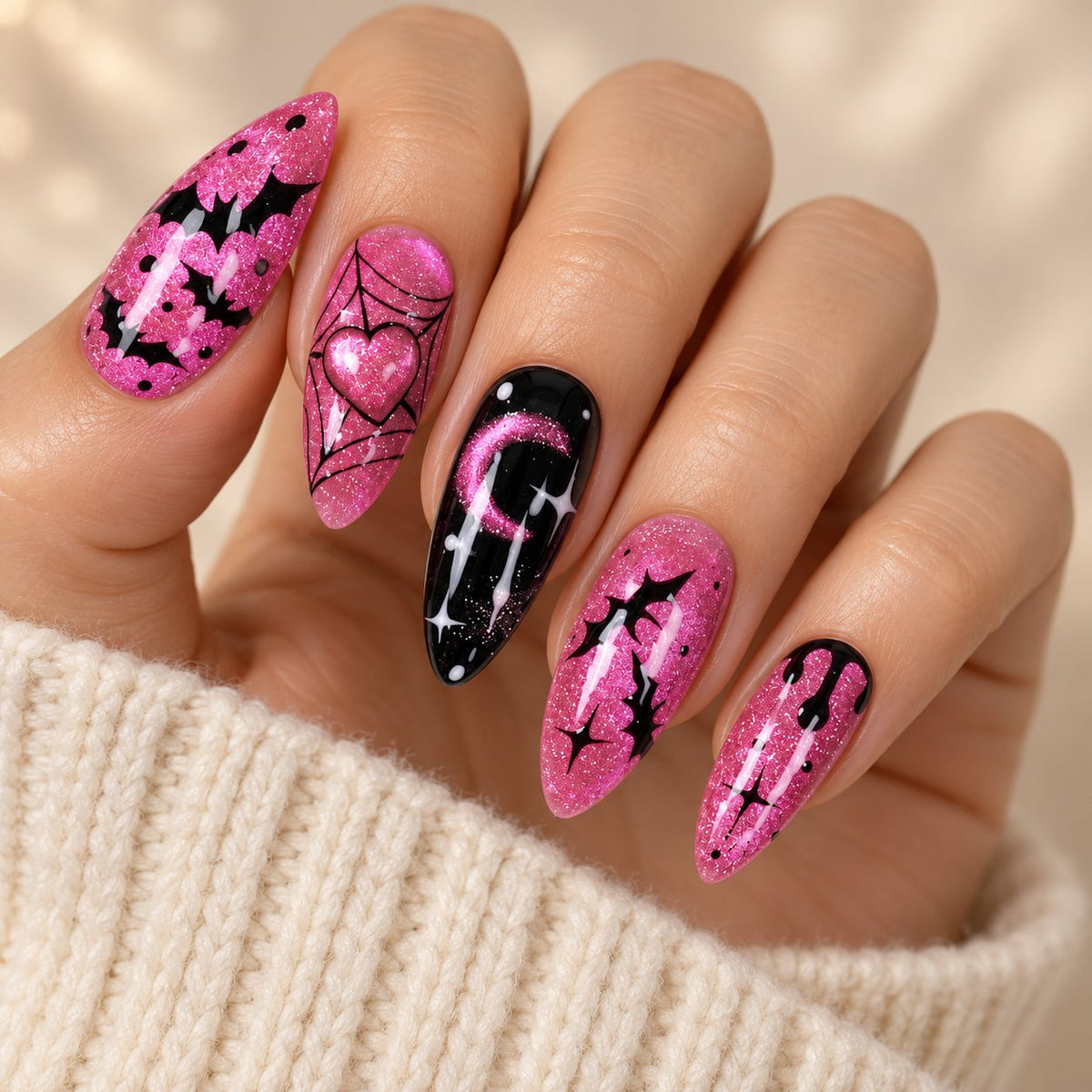 Pink and Black Halloween Bat Nails With Heart, Moon, and Spider Web Art worn on hand