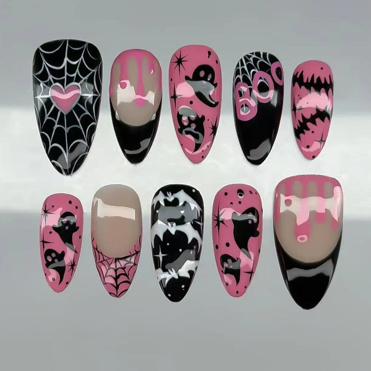 Pink and Black Halloween French Tip Nails with Ghosts, Bats, Hearts and Spiderwebs