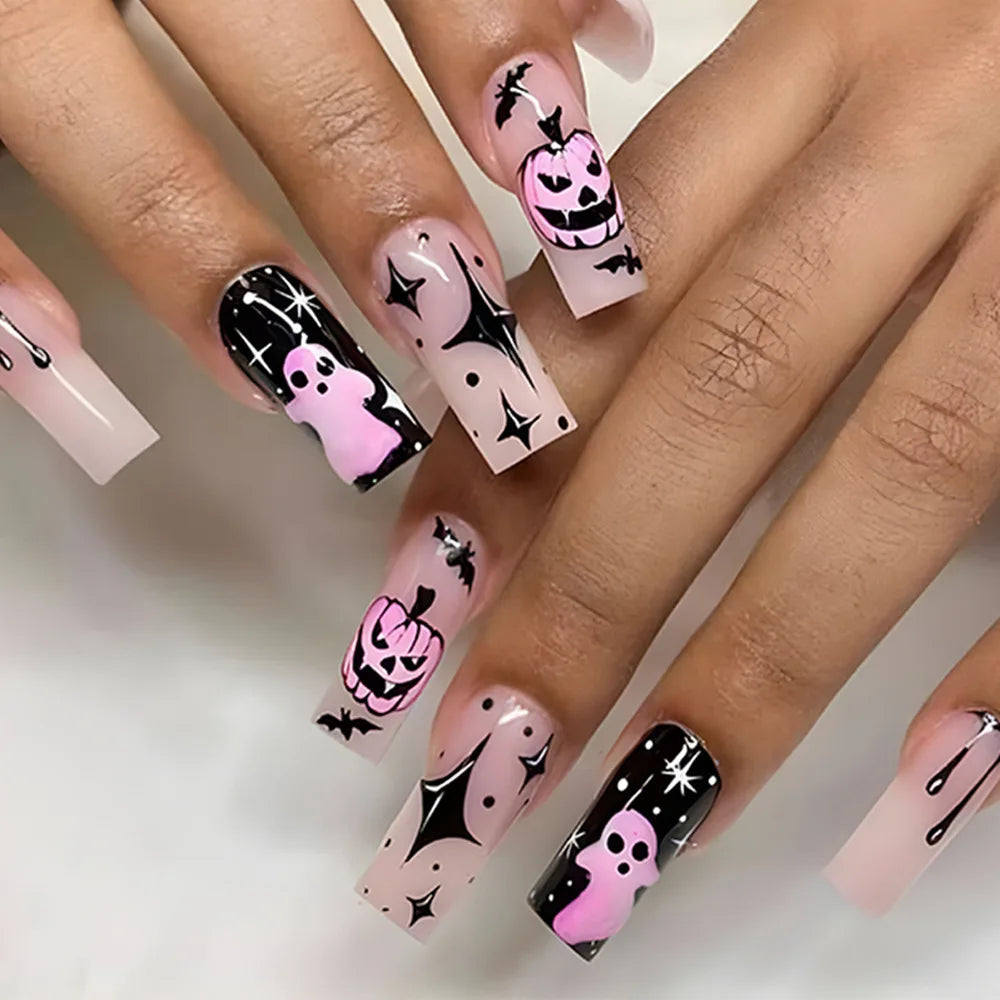 Pink and Black Halloween French Tip Press On Nails with Ghosts, Pumpkins, Bats and Spiderwebs