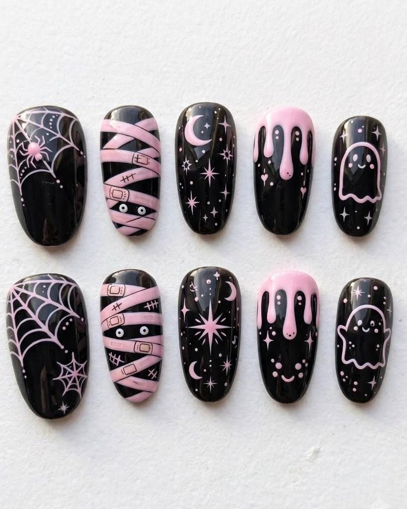 Pink and Black Halloween Nail Set With Spiders, Mummies, Moons and Ghosts
