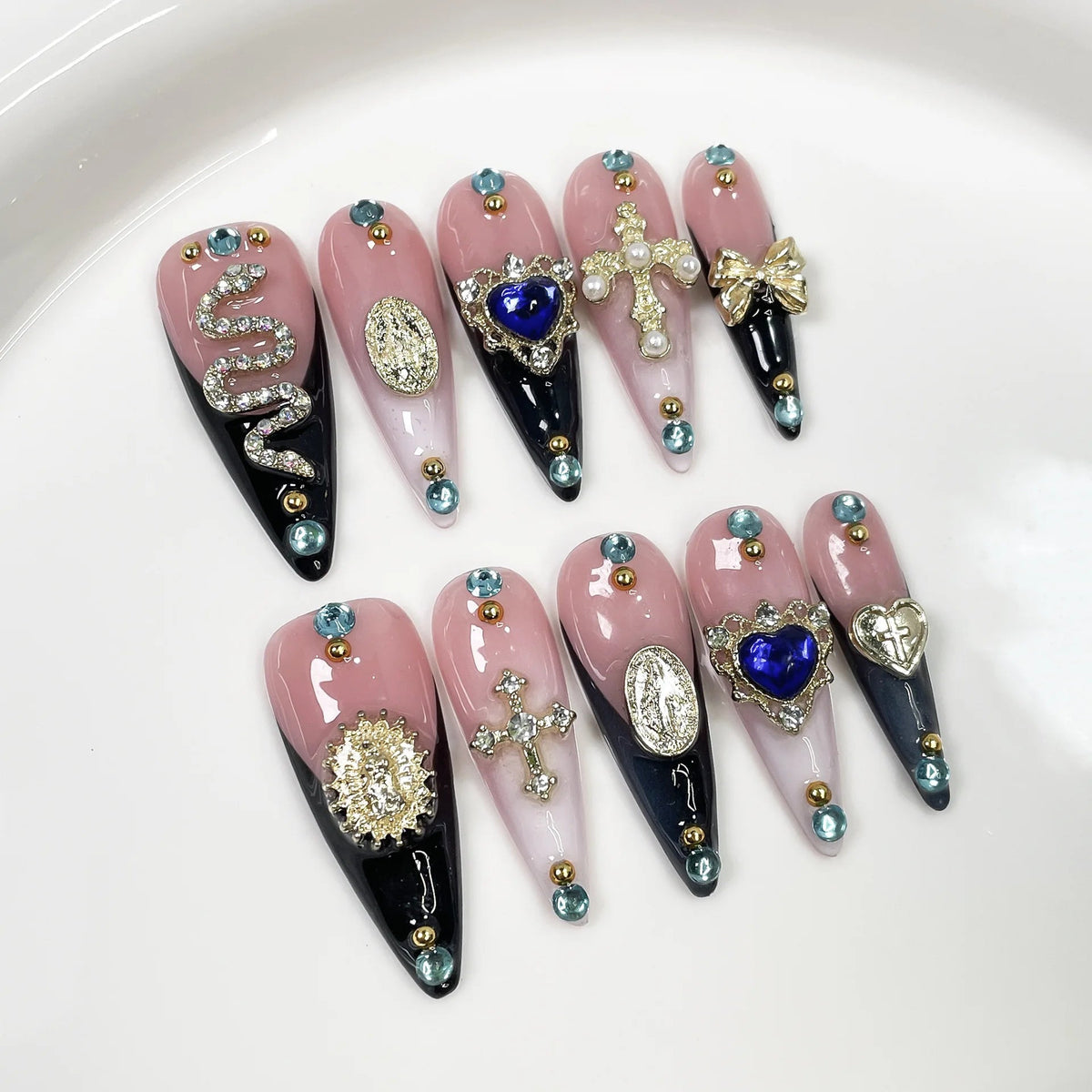 Pink and Black Jeweled Bow Press-On Nails with 3D Charms