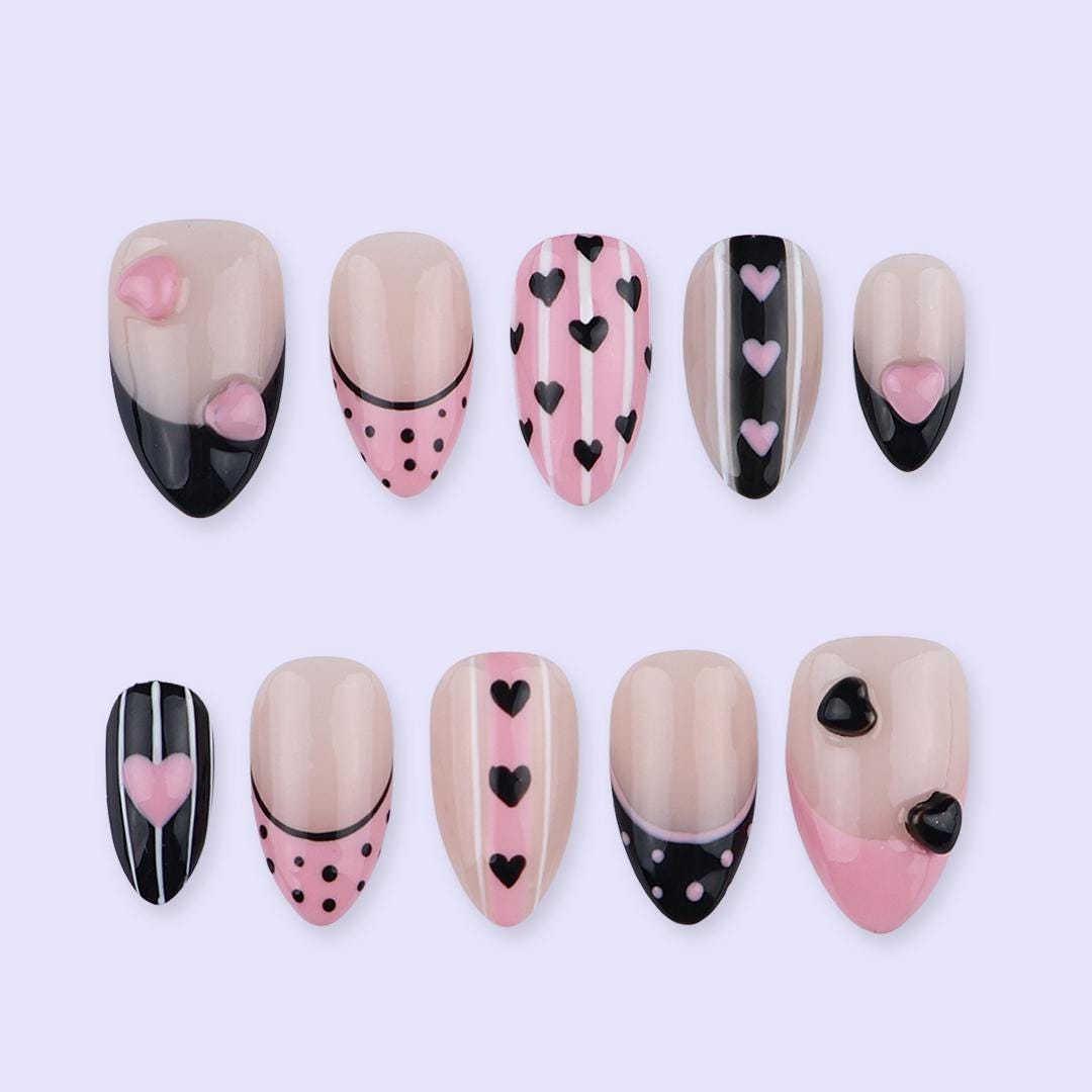Pink and Black Valentine Heart French Tip Press-On Nails With Stripes and Polka Dots