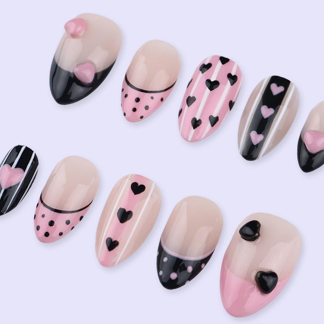 Pink and Black Valentine Heart French Tip Press-On Nails With Stripes and Polka Dots