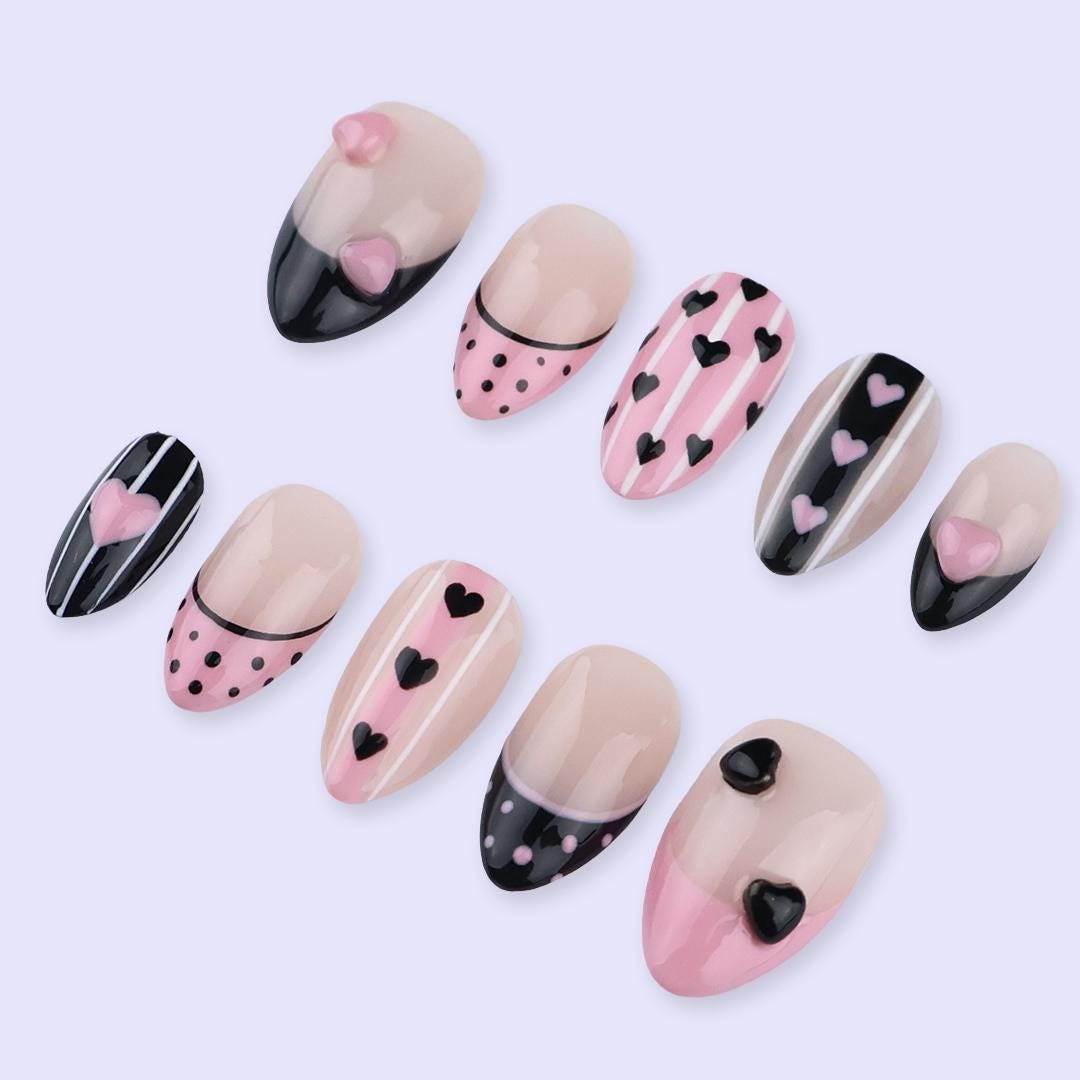 Pink and Black Valentine Heart French Tip Press-On Nails With Stripes and Polka Dots