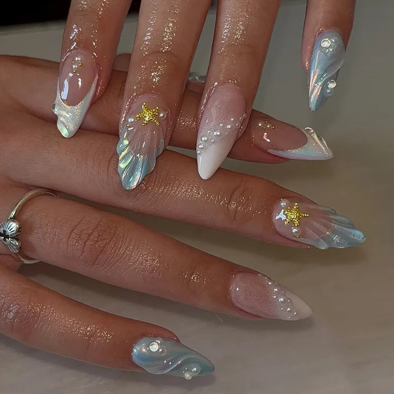 Pink and Blue Chrome French Tip Nails with Shell Details, Pearls and Starfish