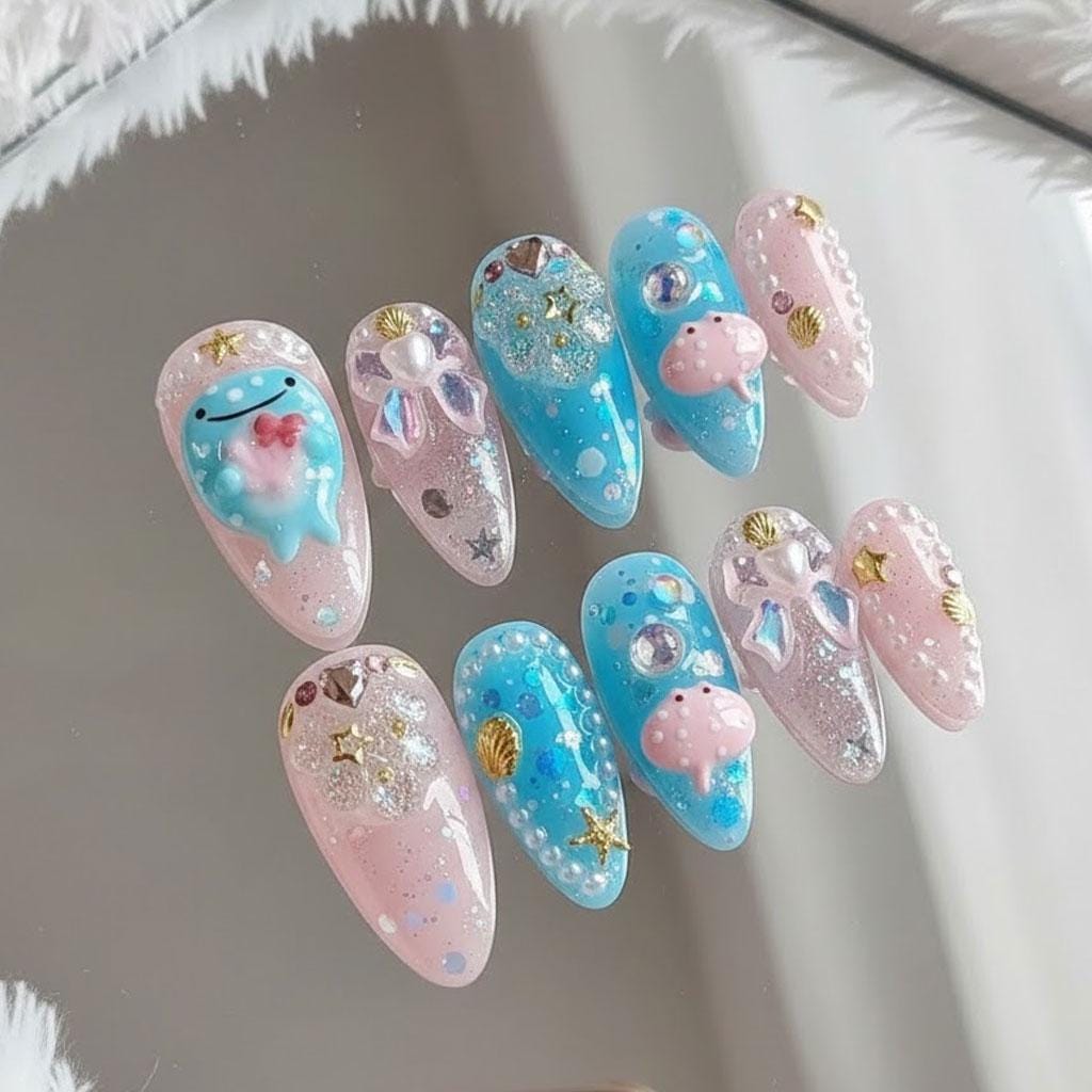 Pink and Blue Jellyfish and Starfish Ocean Nail Set