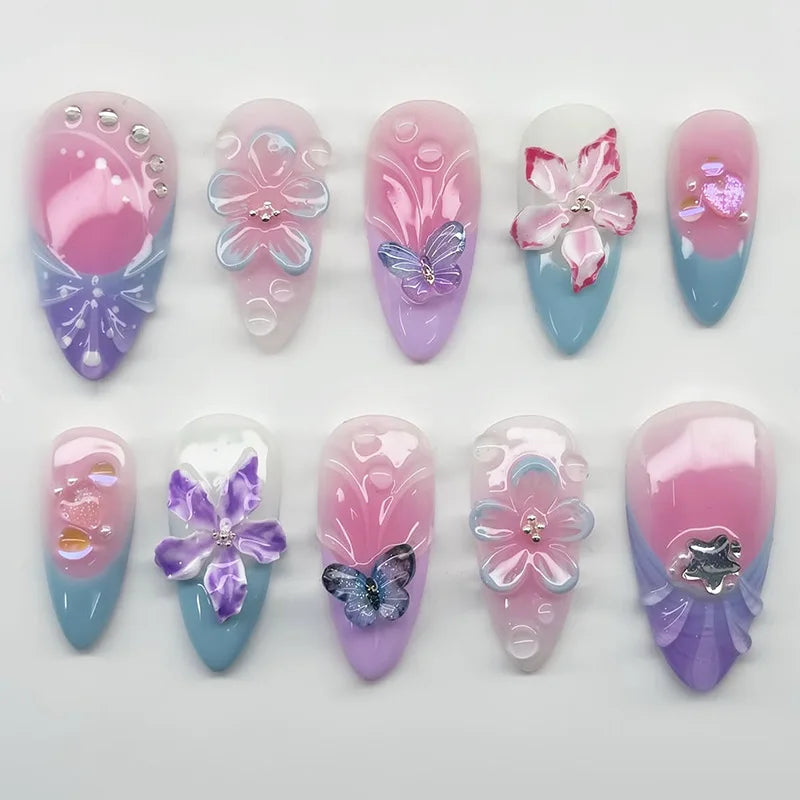 Pink and Blue Ombré Flower and Butterfly Nail Set